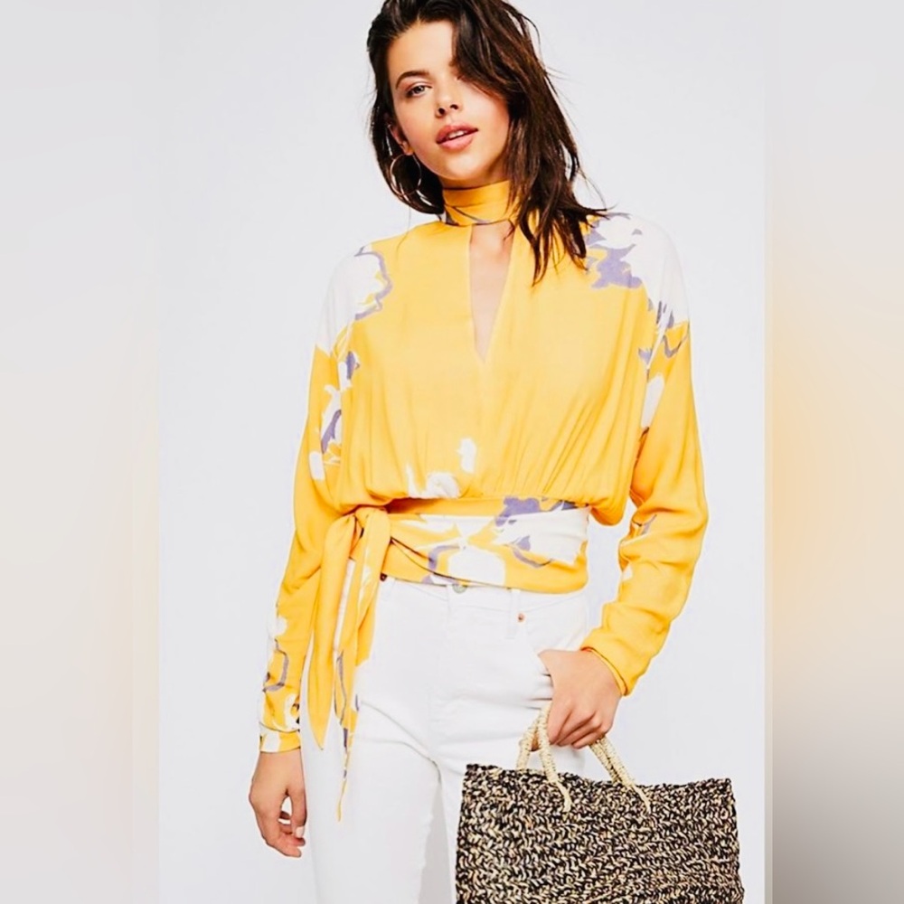 EUC Free People Yellow Say You Love Me Keyhole Tie Waist Floral Top Blouse Large